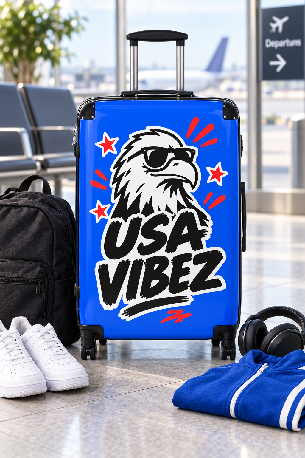 USA Vibez Kids & Teen Suitcase, Blue Eagle Hard Shell Luggage, American Travel Gift, Spinner Case for School Trips
