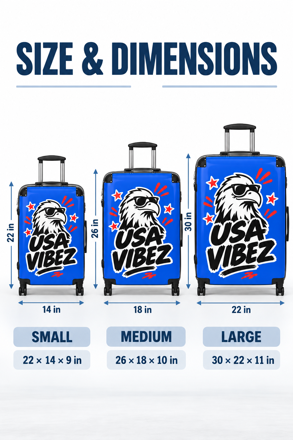 USA Vibez Kids & Teen Suitcase, Blue Eagle Hard Shell Luggage, American Travel Gift, Spinner Case for School Trips
