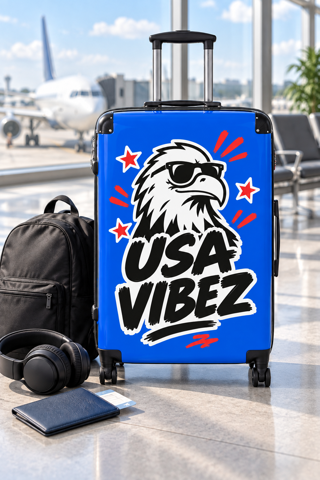 USA Vibez Kids & Teen Suitcase, Blue Eagle Hard Shell Luggage, American Travel Gift, Spinner Case for School Trips