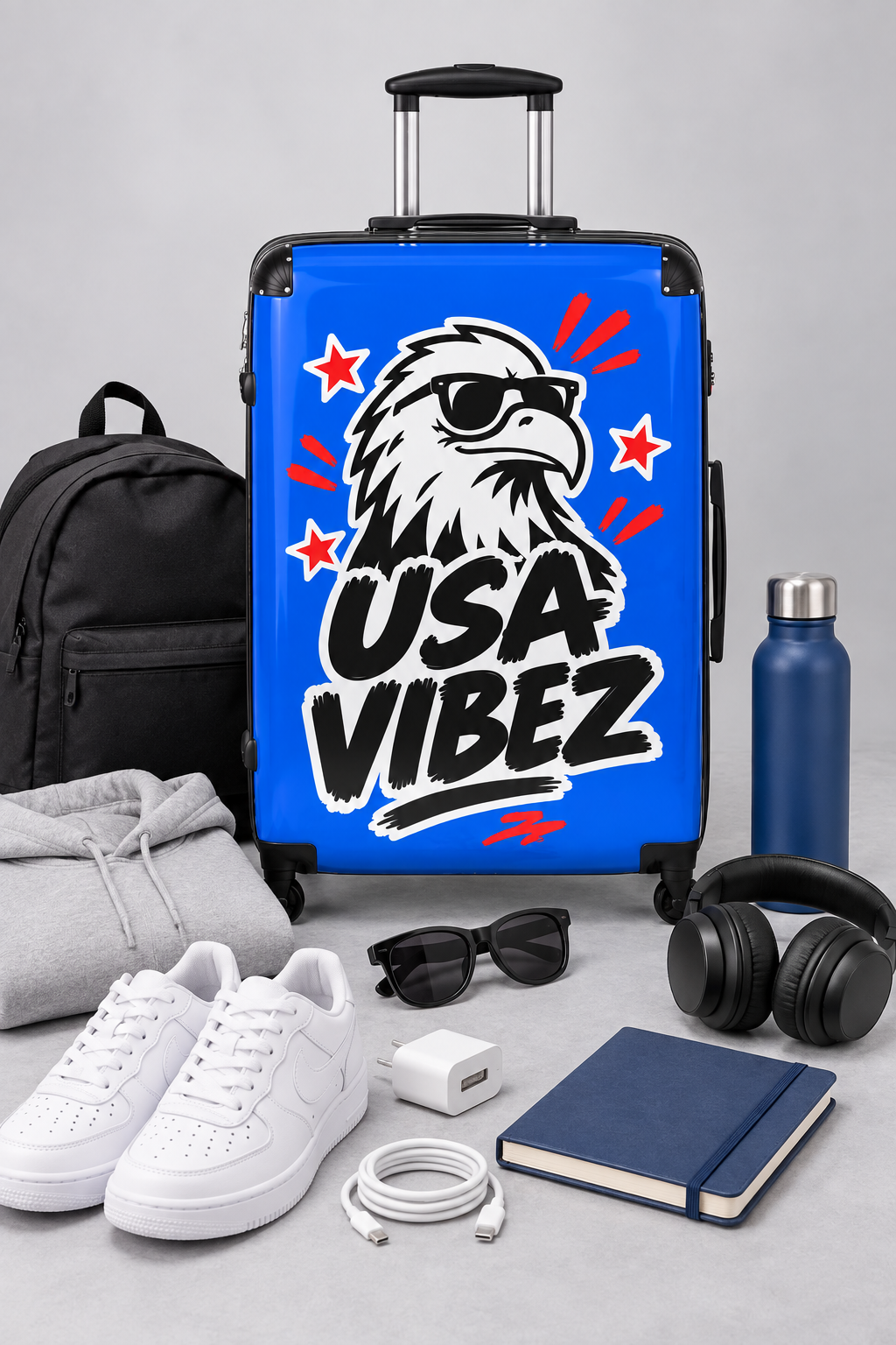 USA Vibez Kids & Teen Suitcase, Blue Eagle Hard Shell Luggage, American Travel Gift, Spinner Case for School Trips