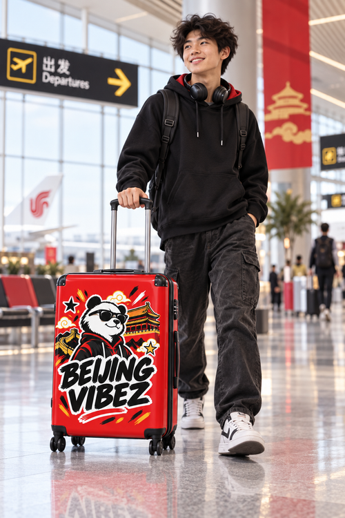 Beijing Vibez Panda Graphic Suitcase | Red Travel Luggage