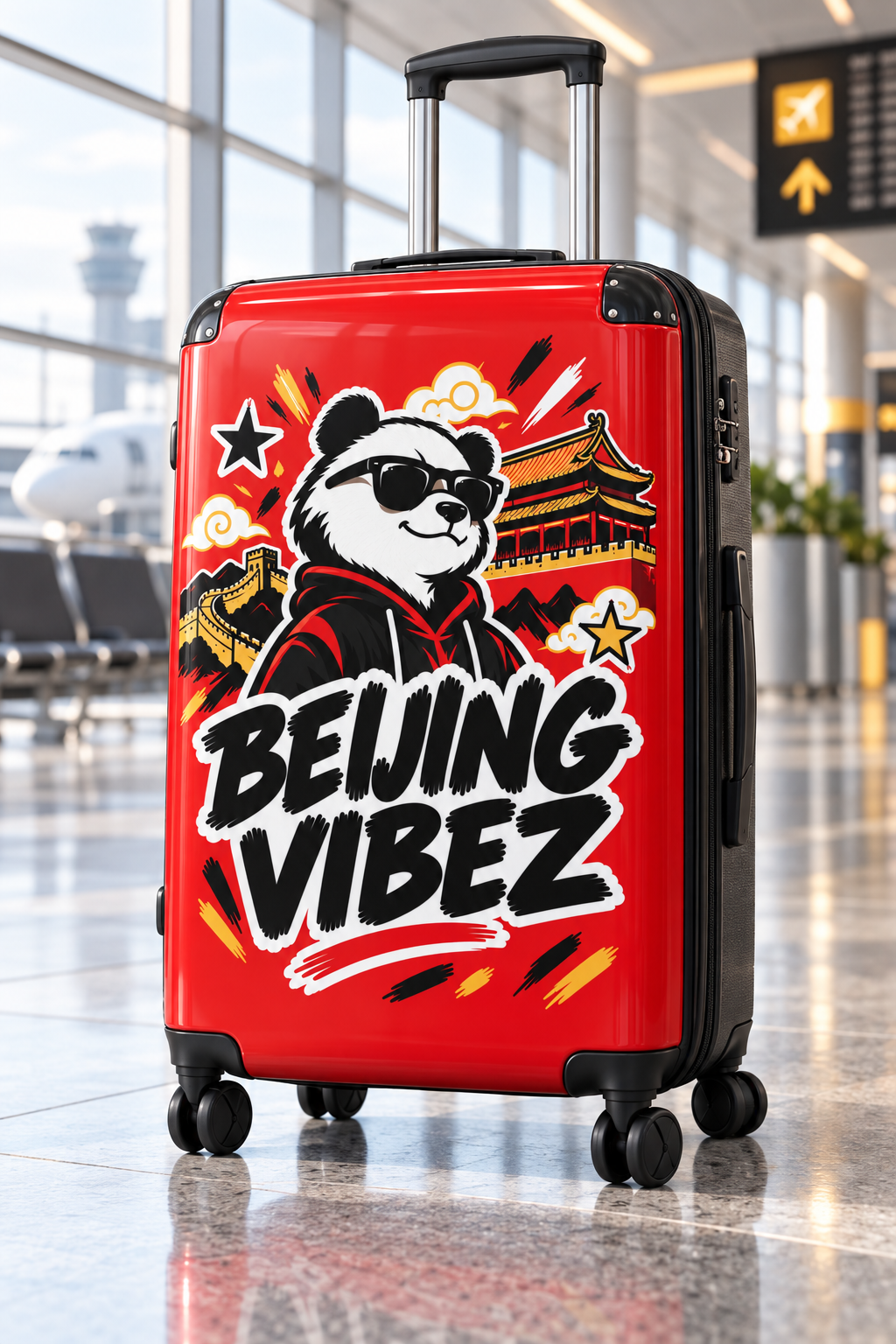 Beijing Vibez Panda Graphic Suitcase | Red Travel Luggage