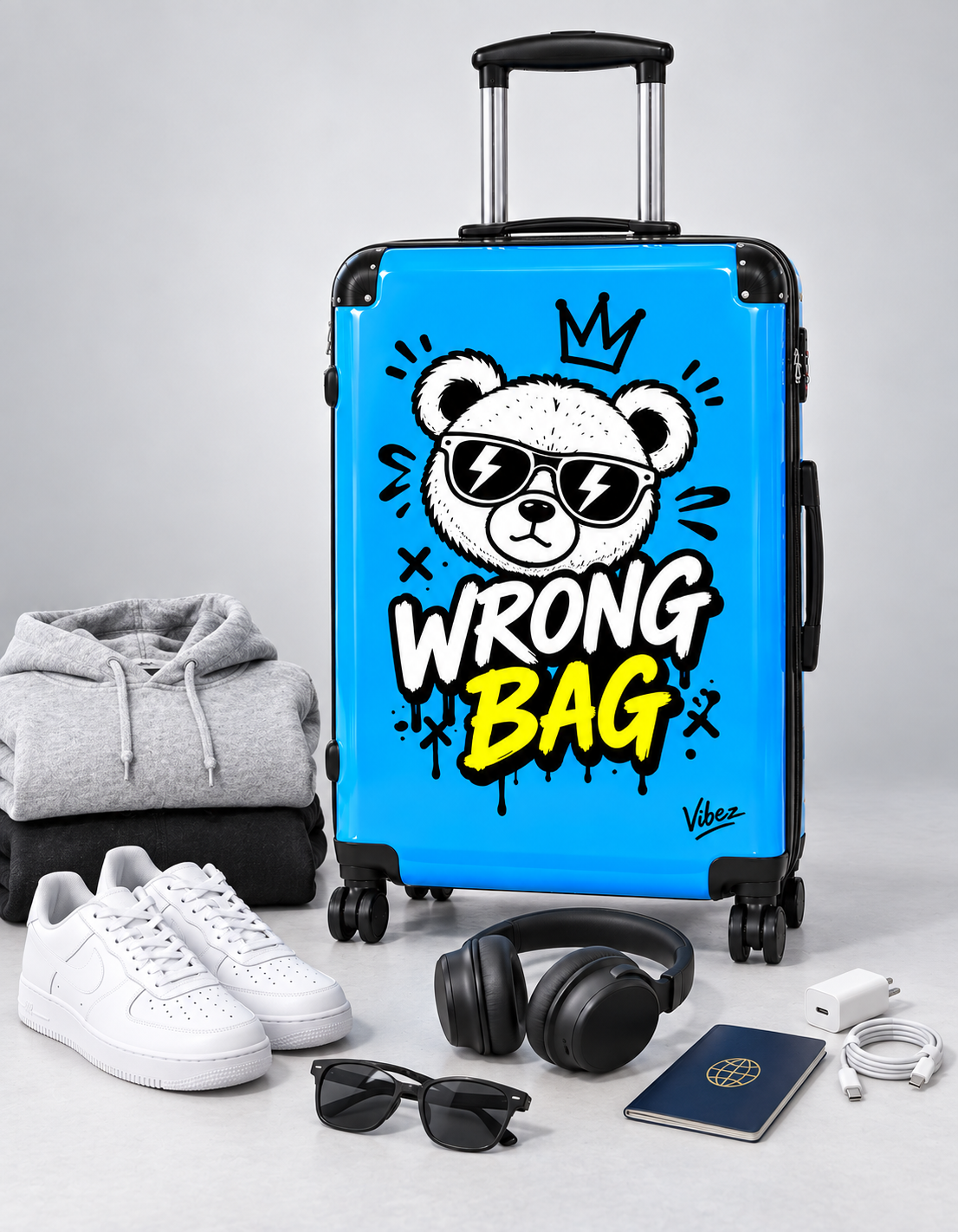 Wrong Bag Bear Suitcase, Blue Funny Luggage for Teens, Cute Hard Shell Travel Case, Graduation Gift