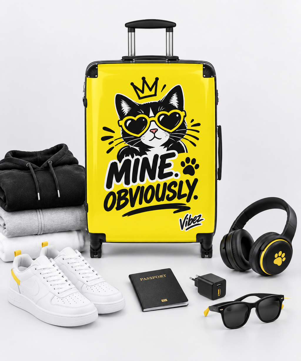 Cat Lover Suitcase, Mine Obviously Yellow Luggage, Funny Cat Travel Bag, Hard Shell Spinner Case, Gift for Pet Lovers