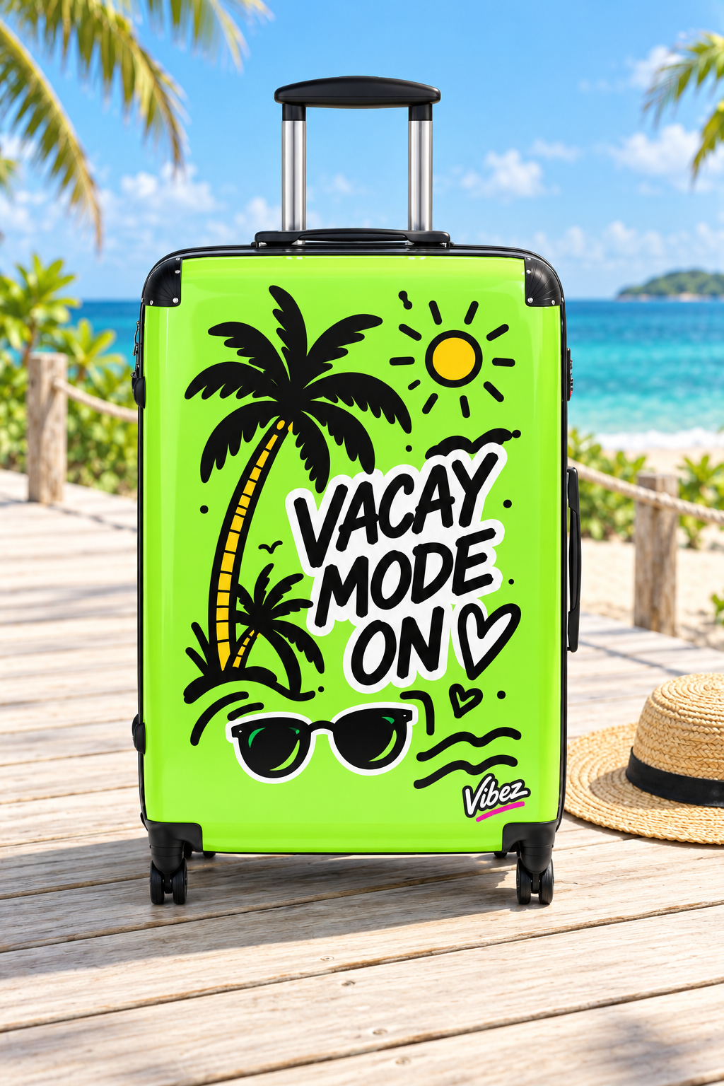 VACAY MODE ON Suitcase, Neon Green Tropical Luggage, Palm Tree Hardshell Travel Case, Vacation Gift, Carry On Bag