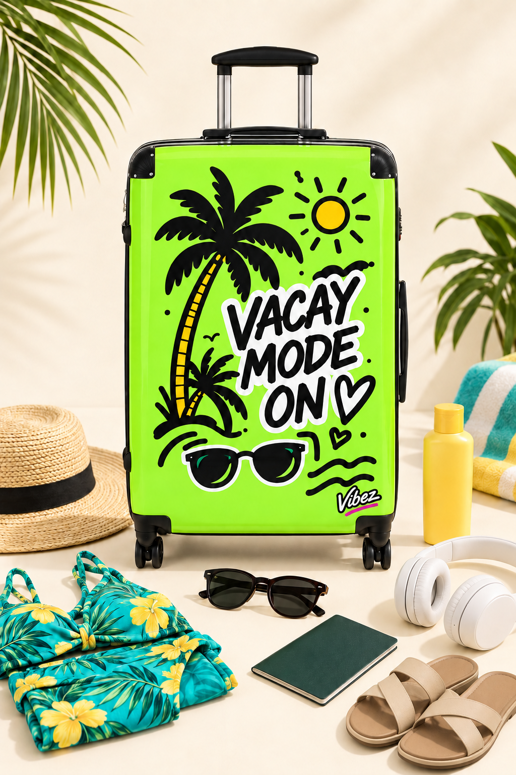 VACAY MODE ON Suitcase, Neon Green Tropical Luggage, Palm Tree Hardshell Travel Case, Vacation Gift, Carry On Bag