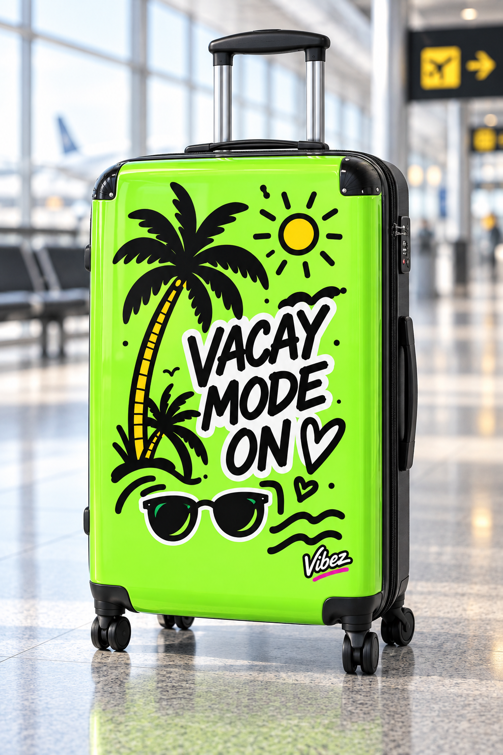 VACAY MODE ON Suitcase, Neon Green Tropical Luggage, Palm Tree Hardshell Travel Case, Vacation Gift, Carry On Bag