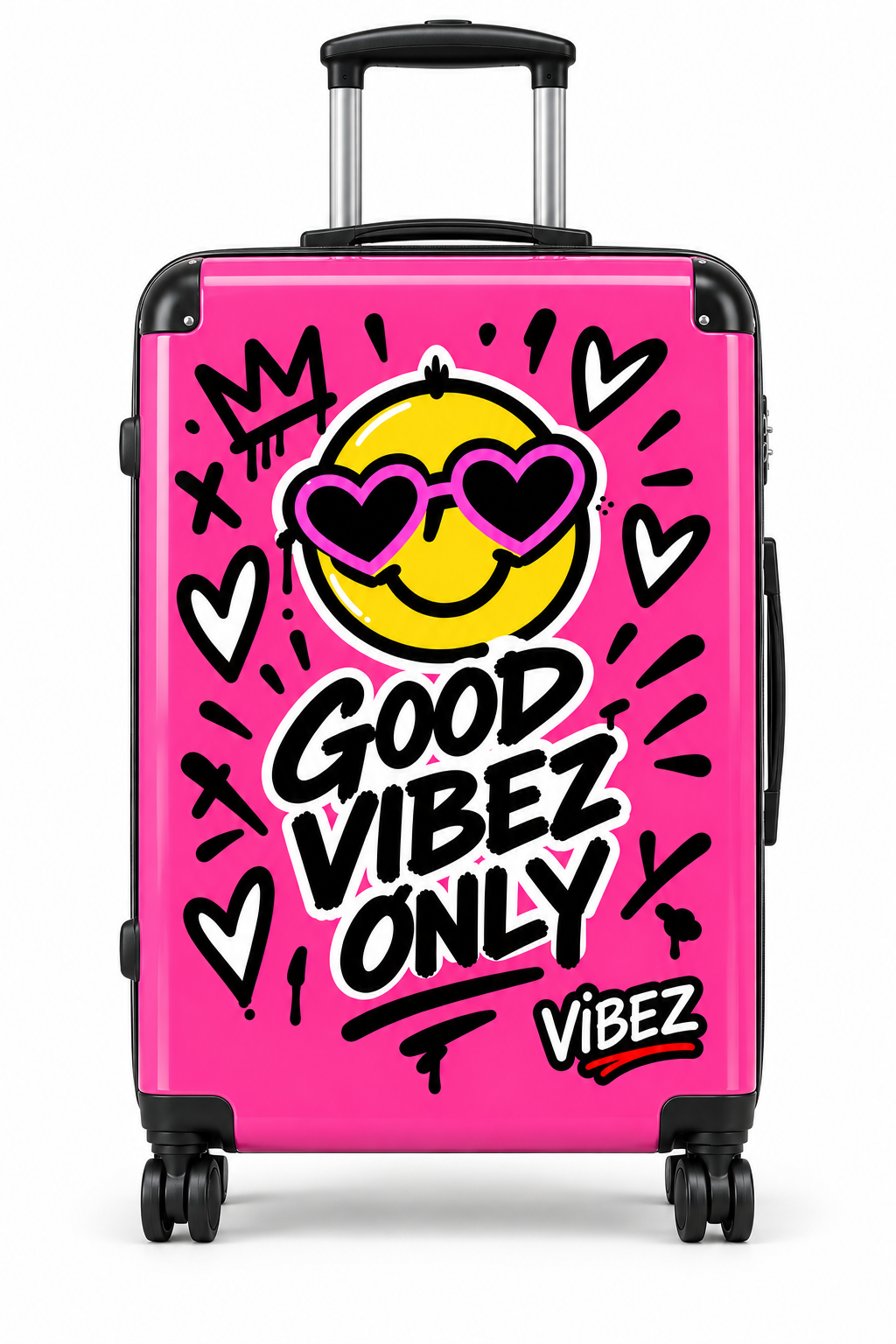 Good Vibez Only Suitcase, Hot Pink Smiley Luggage, Colourful Travel Case, Teen Graduation Gift, Bold Spinner Suitcase