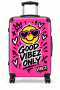 Good Vibez Only Suitcase, Hot Pink Smiley Luggage, Colourful Travel Case, Teen Graduation Gift, Bold Spinner Suitcase