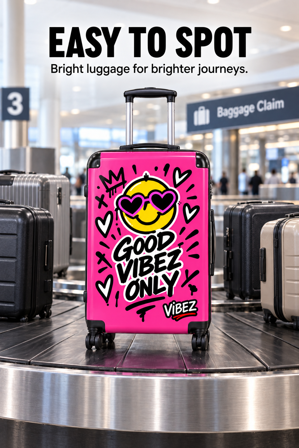 Good Vibez Only Suitcase, Hot Pink Smiley Luggage, Colourful Travel Case, Teen Graduation Gift, Bold Spinner Suitcase