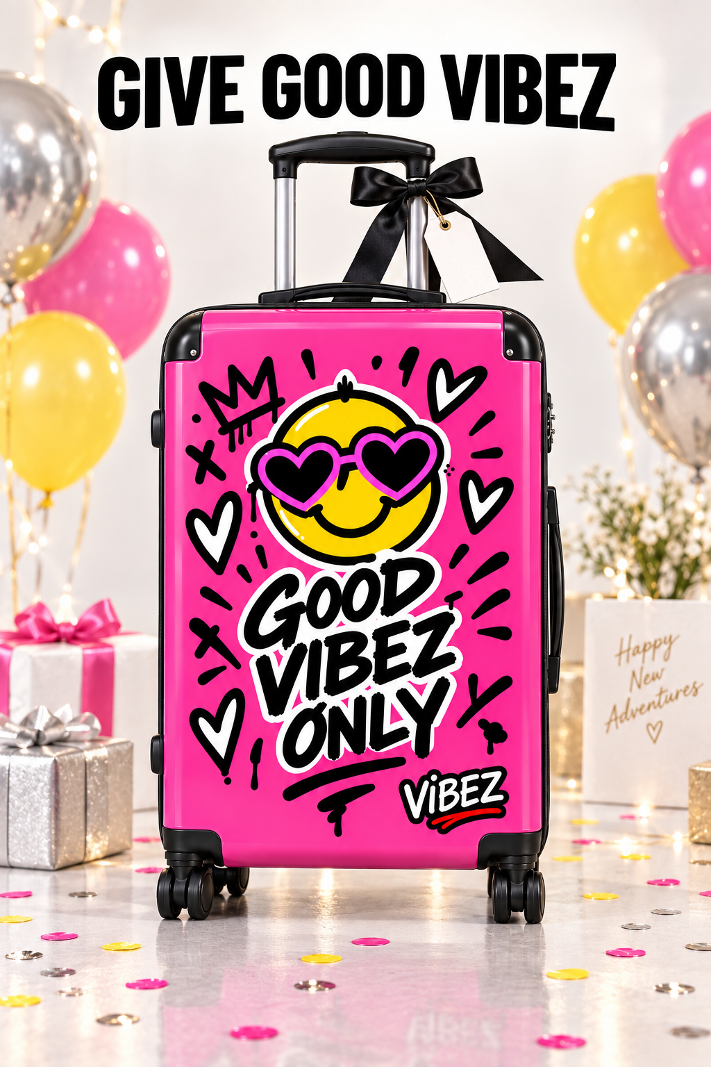 Good Vibez Only Suitcase, Hot Pink Smiley Luggage, Colourful Travel Case, Teen Graduation Gift, Bold Spinner Suitcase