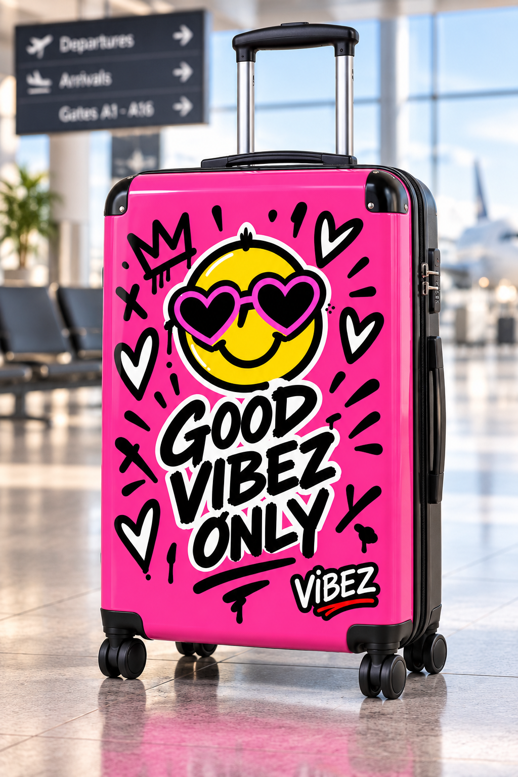 Good Vibez Only Suitcase, Hot Pink Smiley Luggage, Colourful Travel Case, Teen Graduation Gift, Bold Spinner Suitcase