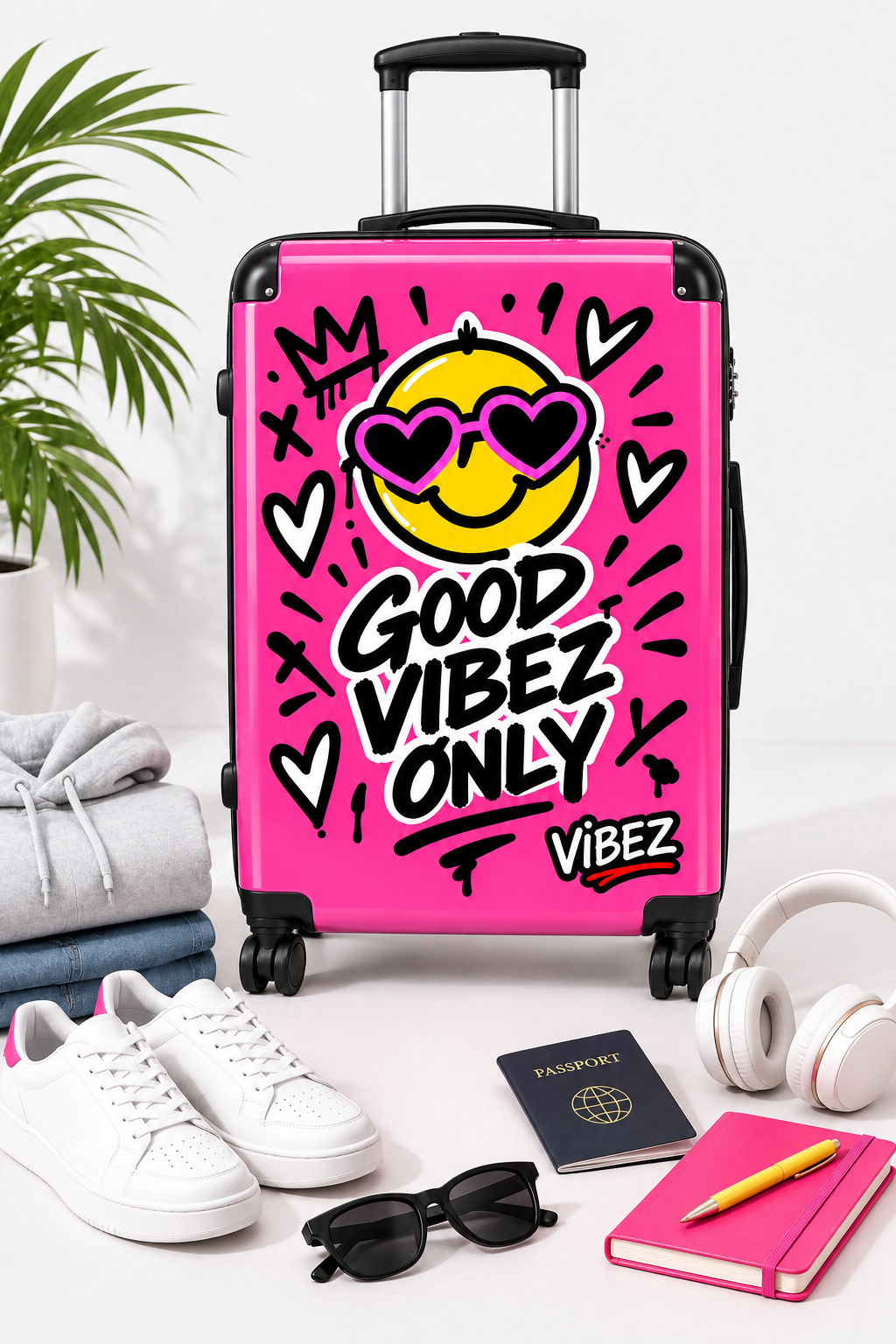 Good Vibez Only Suitcase, Hot Pink Smiley Luggage, Colourful Travel Case, Teen Graduation Gift, Bold Spinner Suitcase