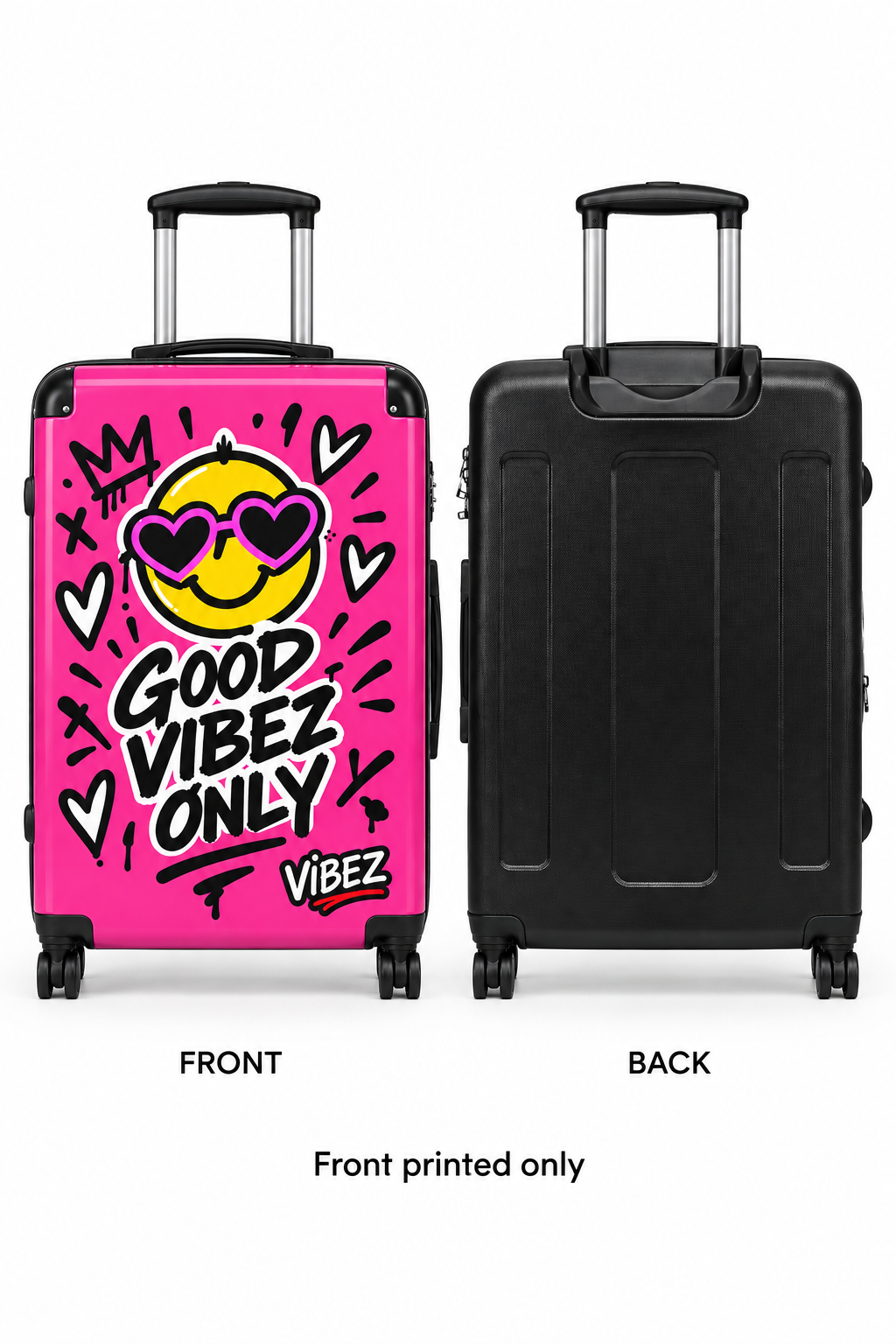 Good Vibez Only Suitcase, Hot Pink Smiley Luggage, Colourful Travel Case, Teen Graduation Gift, Bold Spinner Suitcase