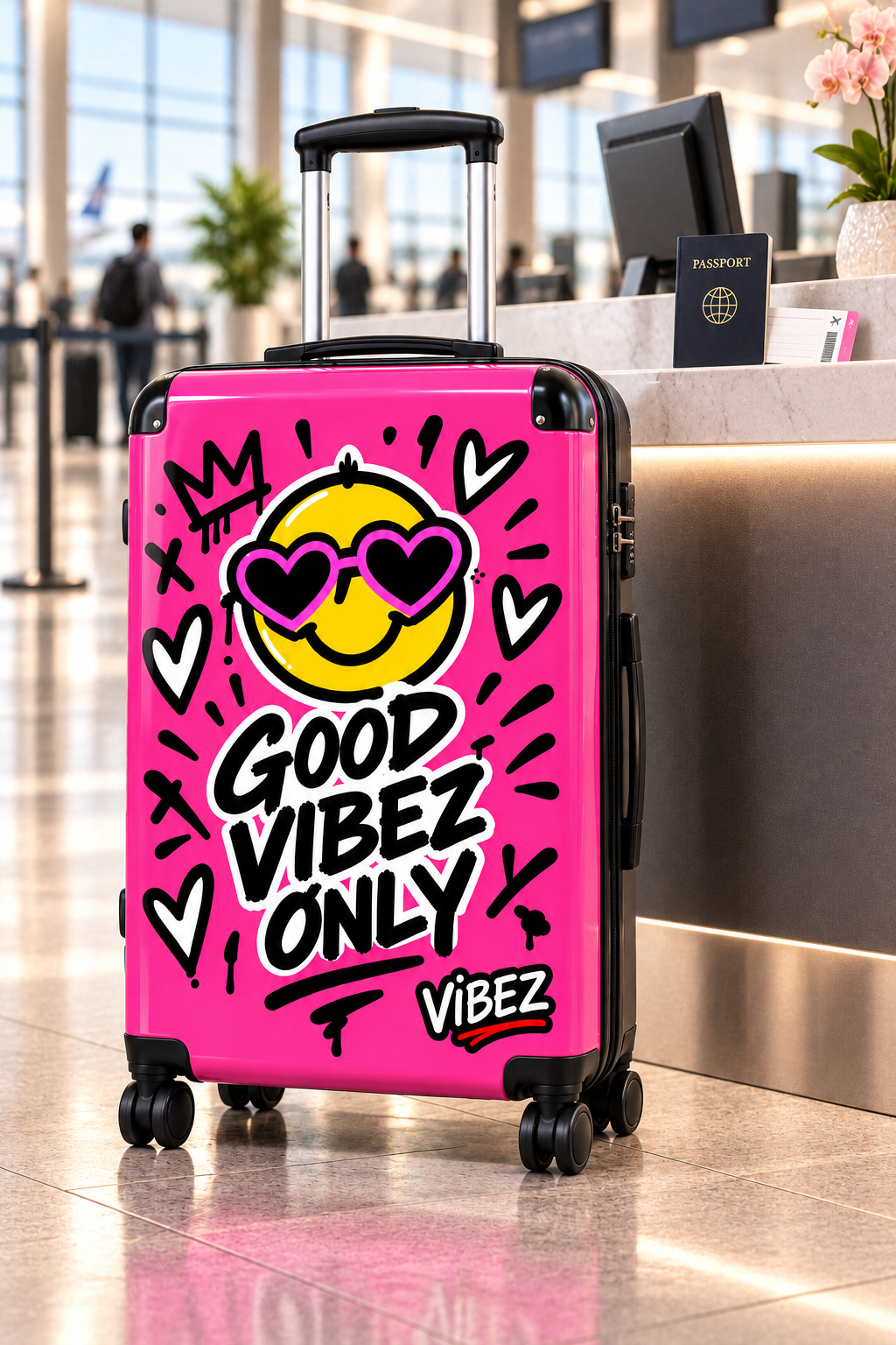 Good Vibez Only Suitcase, Hot Pink Smiley Luggage, Colourful Travel Case, Teen Graduation Gift, Bold Spinner Suitcase