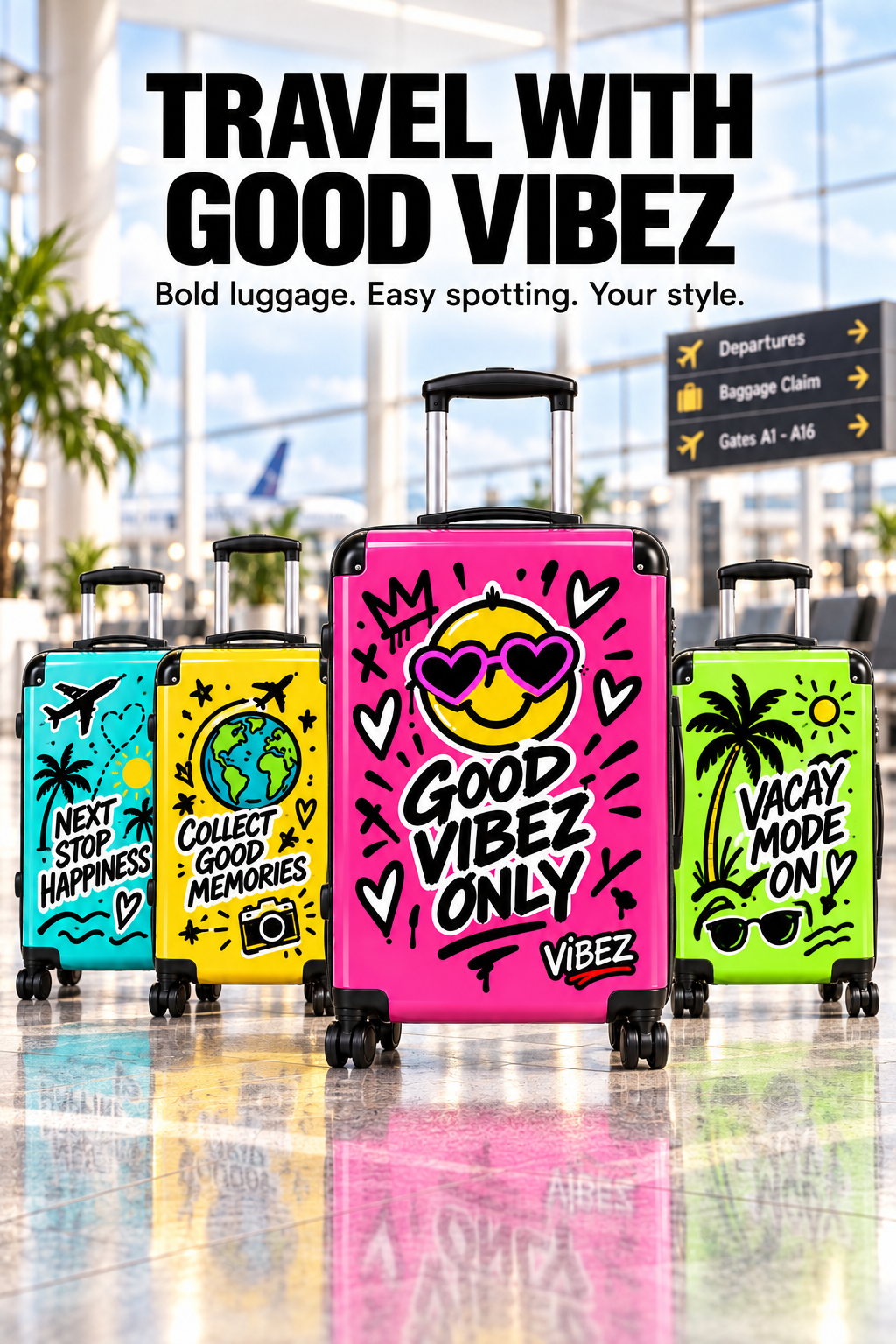 Good Vibez Only Suitcase, Hot Pink Smiley Luggage, Colourful Travel Case, Teen Graduation Gift, Bold Spinner Suitcase