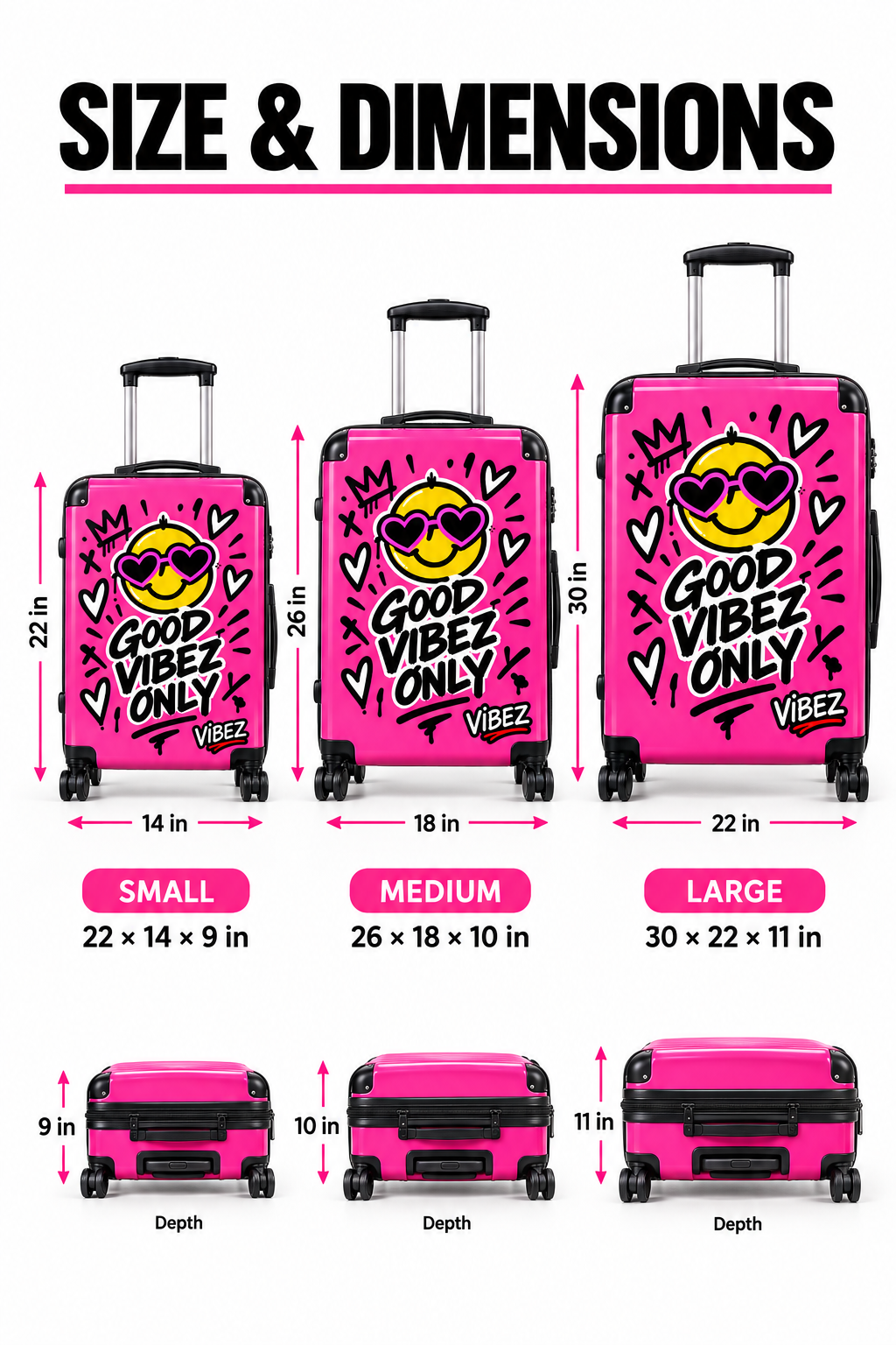 Good Vibez Only Suitcase, Hot Pink Smiley Luggage, Colourful Travel Case, Teen Graduation Gift, Bold Spinner Suitcase