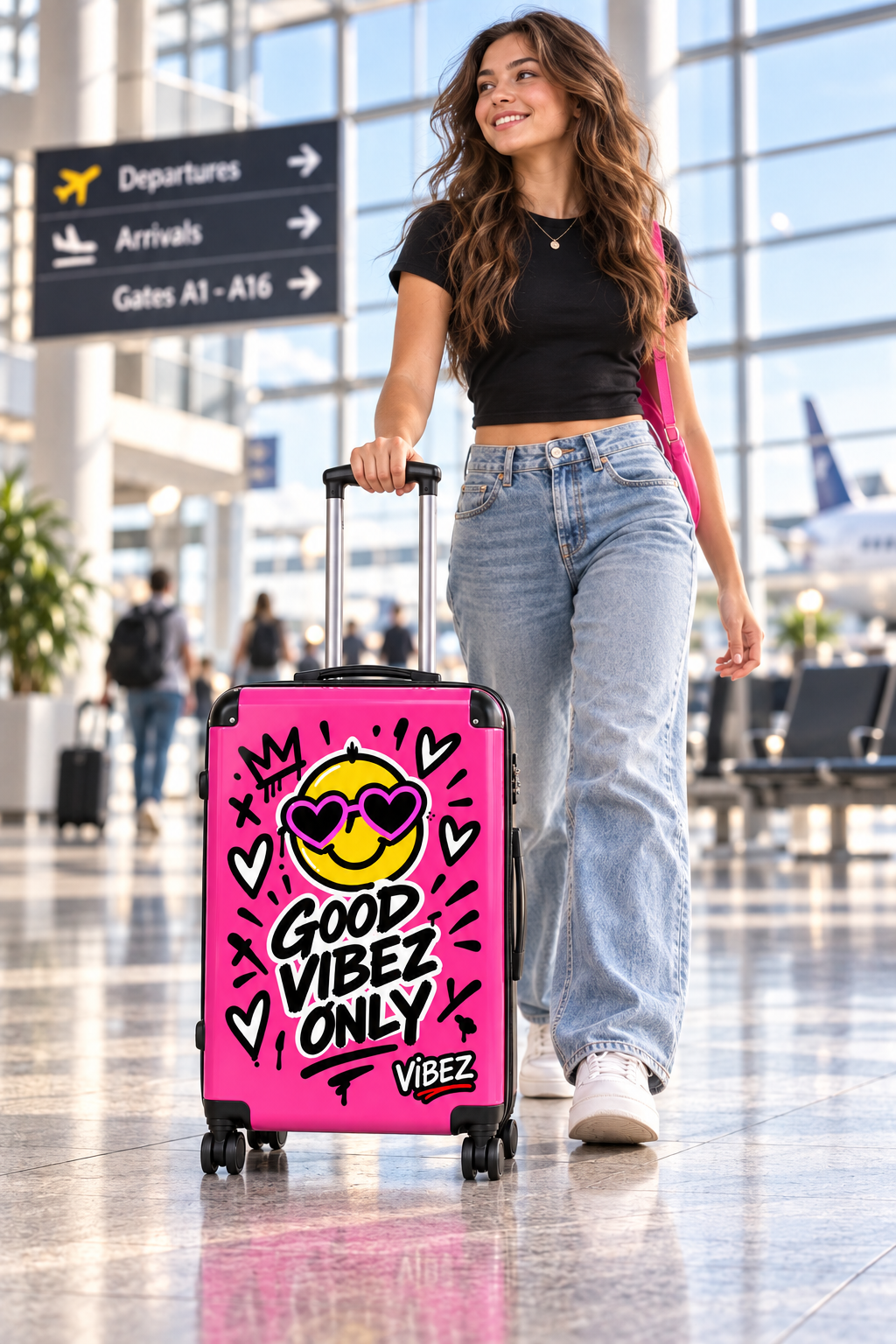Good Vibez Only Suitcase, Hot Pink Smiley Luggage, Colourful Travel Case, Teen Graduation Gift, Bold Spinner Suitcase