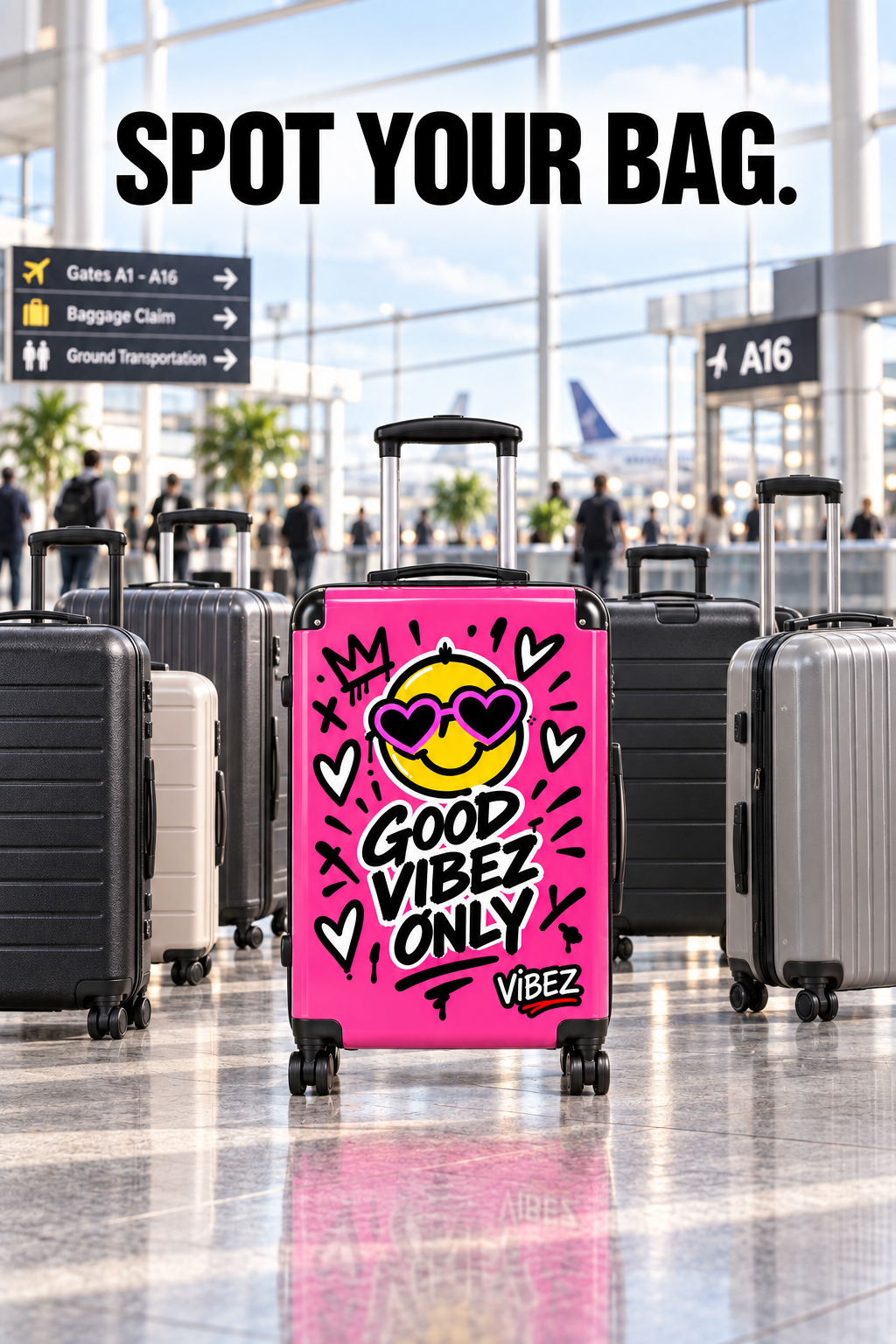 Good Vibez Only Suitcase, Hot Pink Smiley Luggage, Colourful Travel Case, Teen Graduation Gift, Bold Spinner Suitcase