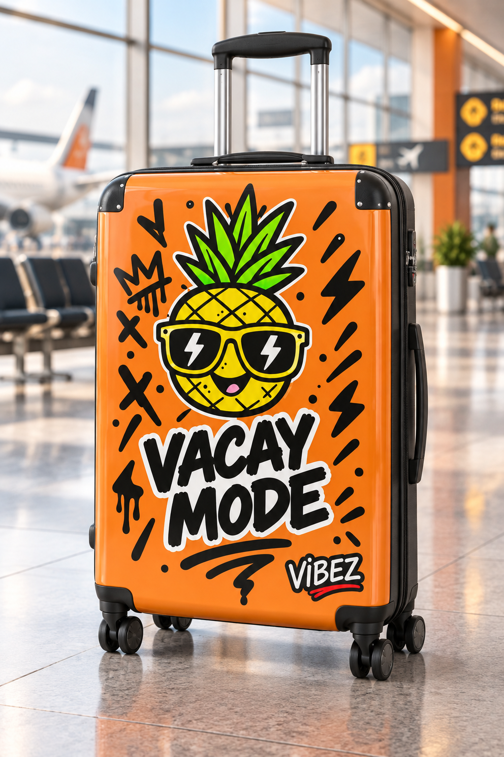 Vacay Mode Suitcase, Orange Pineapple Luggage, Tropical Hard Shell Spinner Case, Fun Vacation Travel Gift