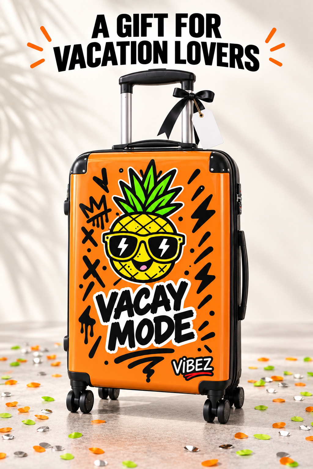 Vacay Mode Suitcase, Orange Pineapple Luggage, Tropical Hard Shell Spinner Case, Fun Vacation Travel Gift