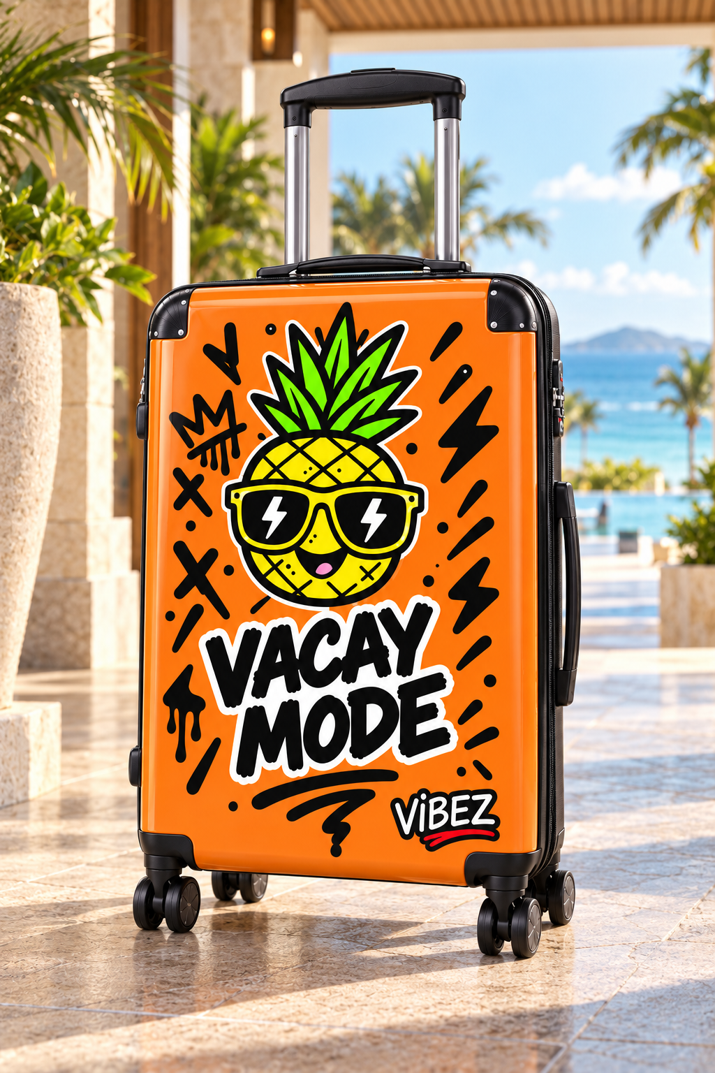 Vacay Mode Suitcase, Orange Pineapple Luggage, Tropical Hard Shell Spinner Case, Fun Vacation Travel Gift