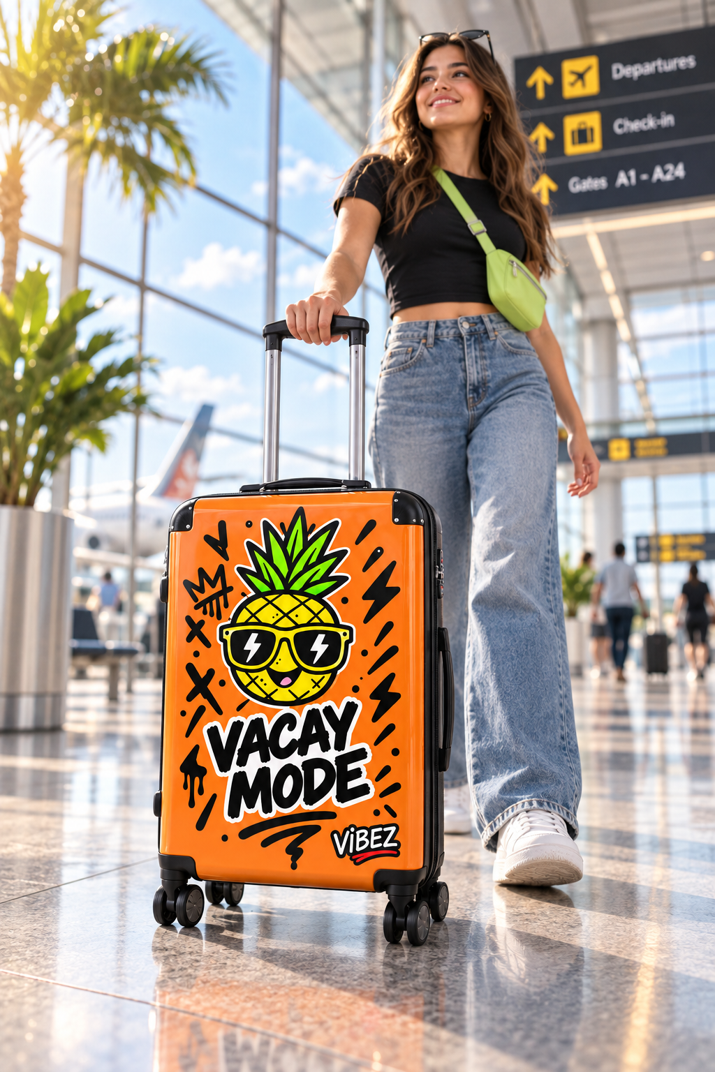 Vacay Mode Suitcase, Orange Pineapple Luggage, Tropical Hard Shell Spinner Case, Fun Vacation Travel Gift