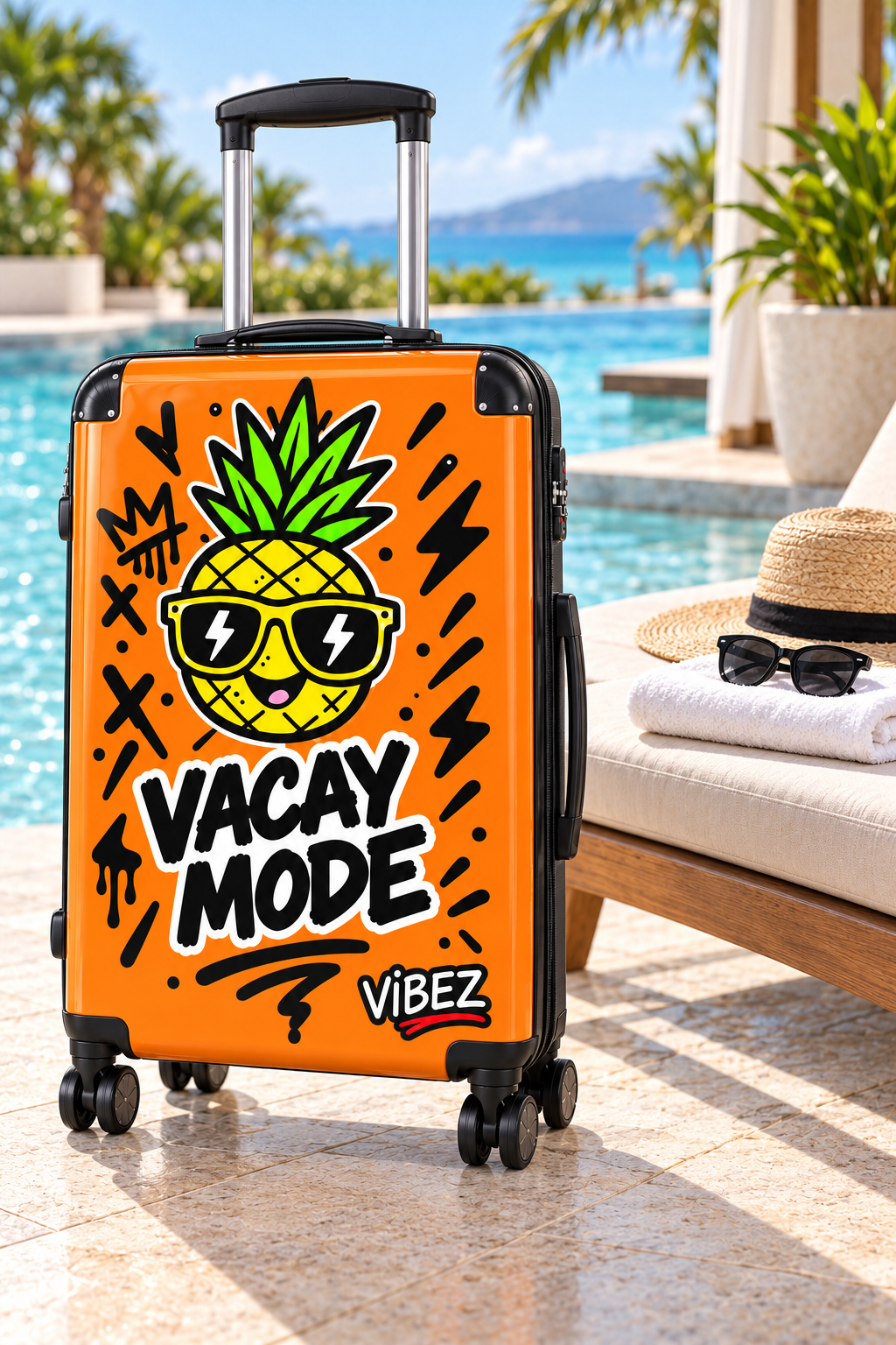 Vacay Mode Suitcase, Orange Pineapple Luggage, Tropical Hard Shell Spinner Case, Fun Vacation Travel Gift