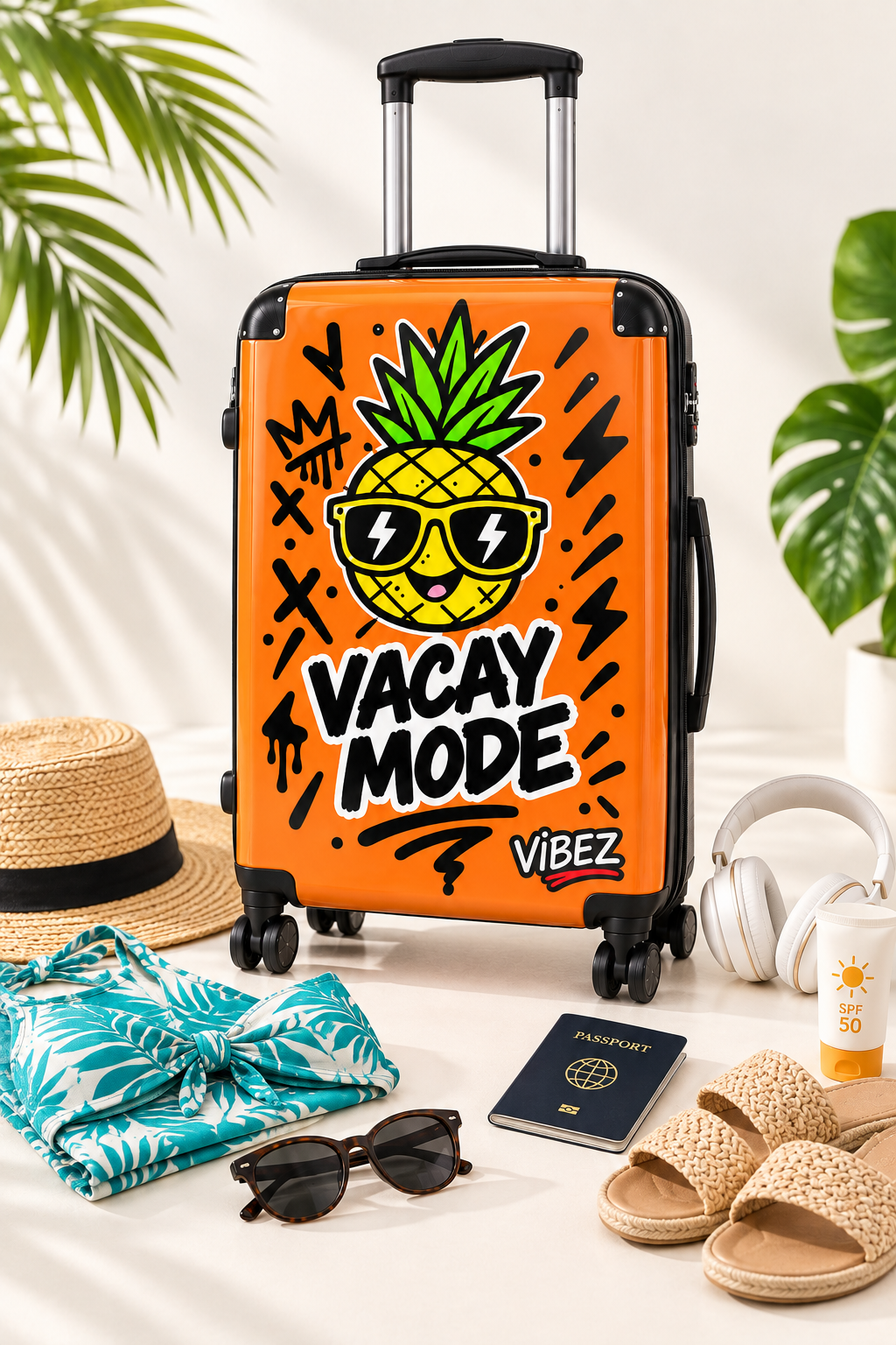 Vacay Mode Suitcase, Orange Pineapple Luggage, Tropical Hard Shell Spinner Case, Fun Vacation Travel Gift