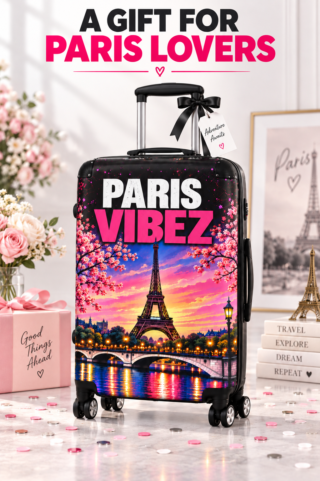 Paris Vibez Suitcase, Eiffel Tower Luggage, Colourful Paris Travel Bag, France Lover Gift, Hard Shell Spinner Suitcase