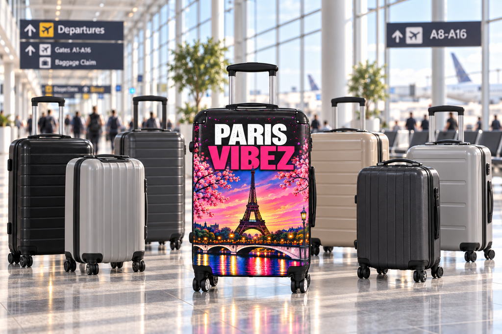 Paris Vibez Suitcase, Eiffel Tower Luggage, Colourful Paris Travel Bag, France Lover Gift, Hard Shell Spinner Suitcase