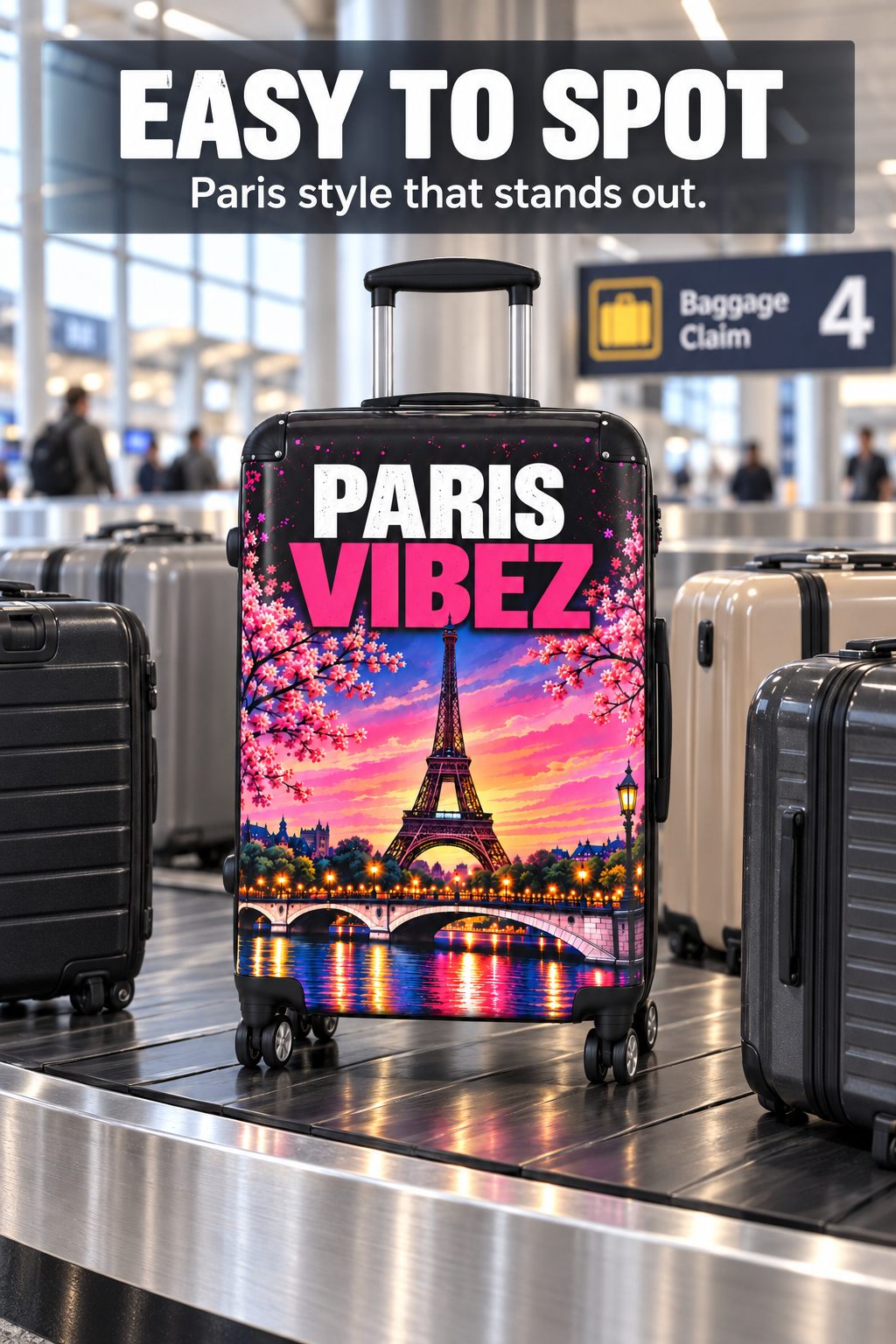 Paris Vibez Suitcase, Eiffel Tower Luggage, Colourful Paris Travel Bag, France Lover Gift, Hard Shell Spinner Suitcase