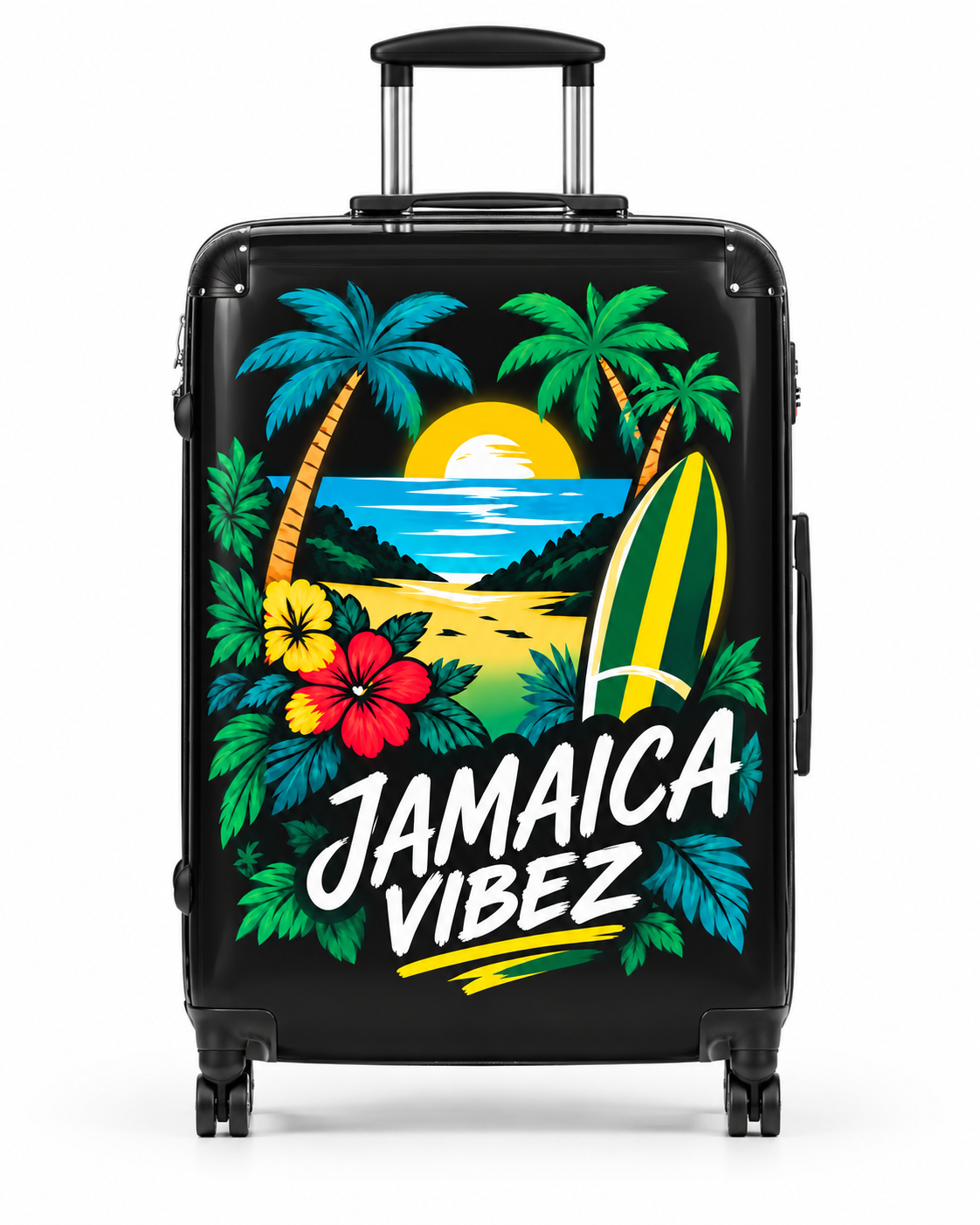Jamaica Vibez suitcase | Tropical sunset palm trees surfboard luggage