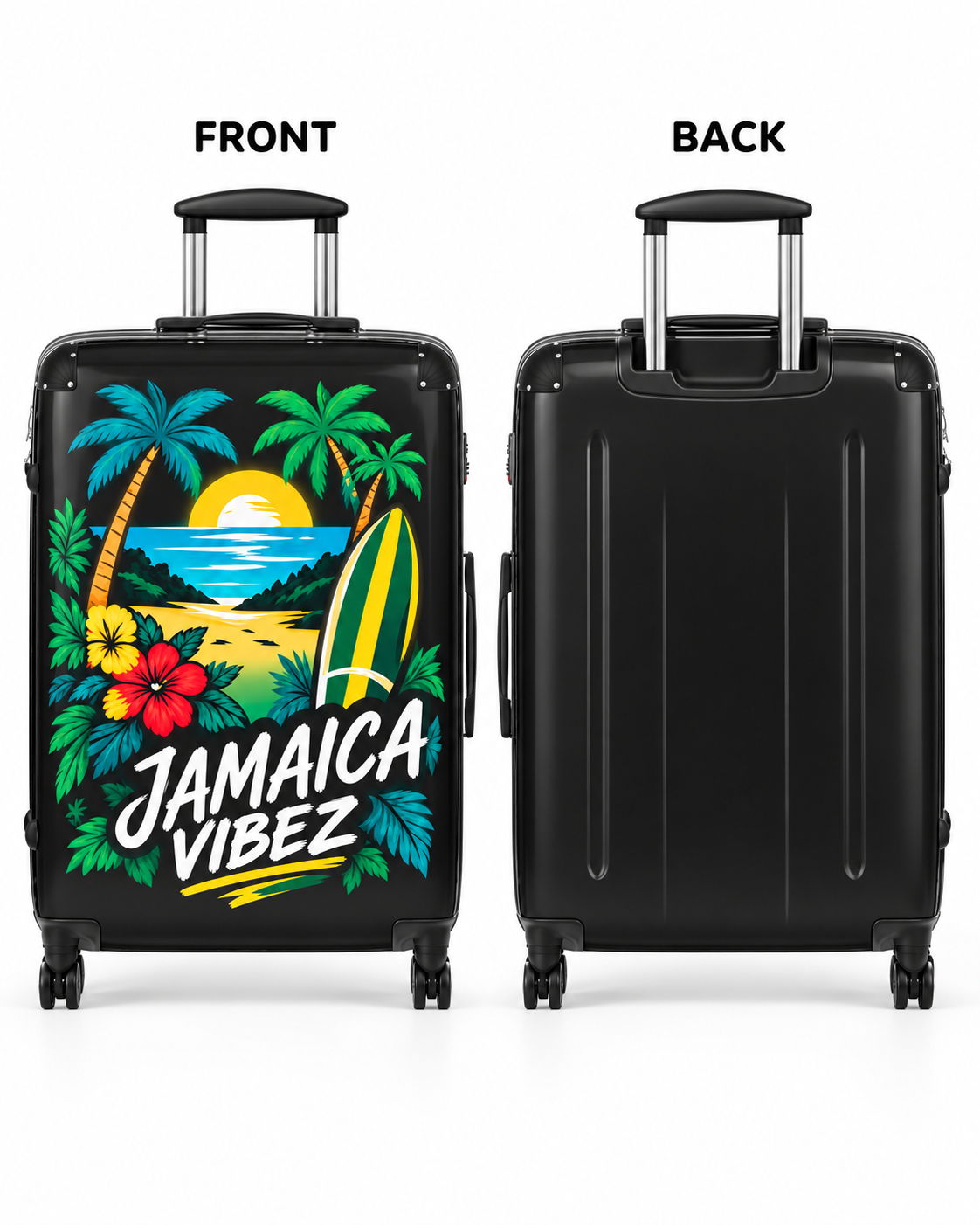 Jamaica Vibez suitcase | Tropical sunset palm trees surfboard luggage