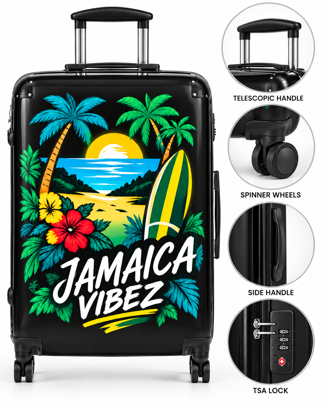 Jamaica Vibez suitcase | Tropical sunset palm trees surfboard luggage