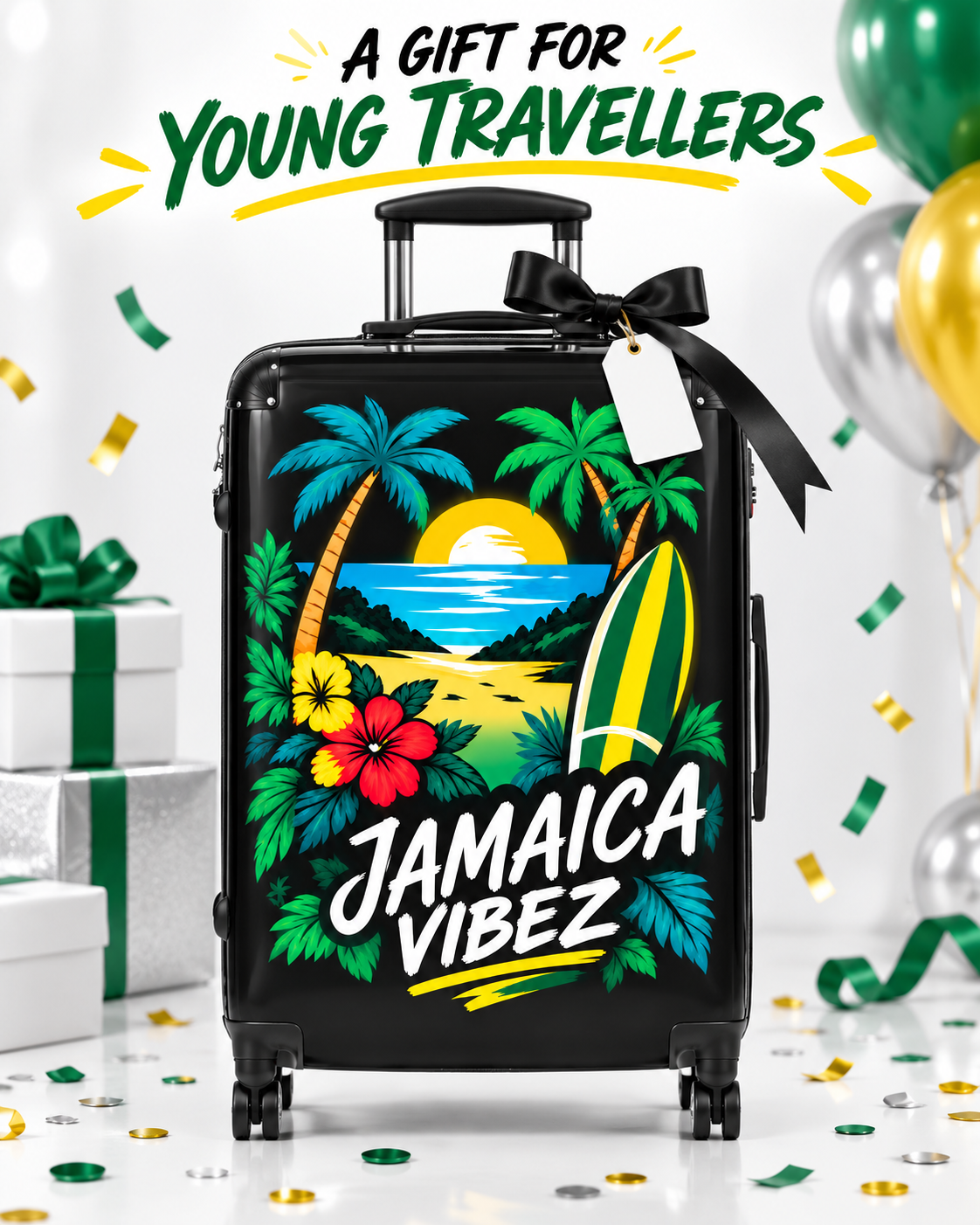 Jamaica Vibez suitcase | Tropical sunset palm trees surfboard luggage