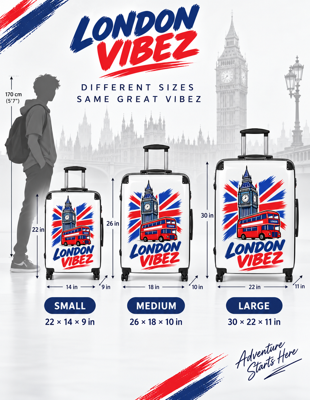 London Vibez Suitcase | Big Ben & Double Decker Bus Travel Luggage