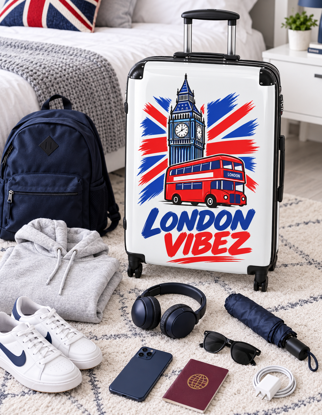 London Vibez Suitcase | Big Ben & Double Decker Bus Travel Luggage