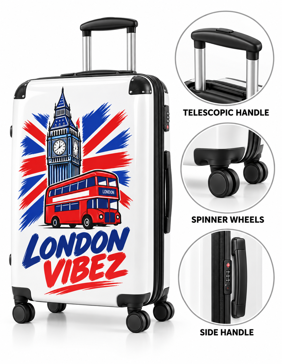 London Vibez Suitcase | Big Ben & Double Decker Bus Travel Luggage