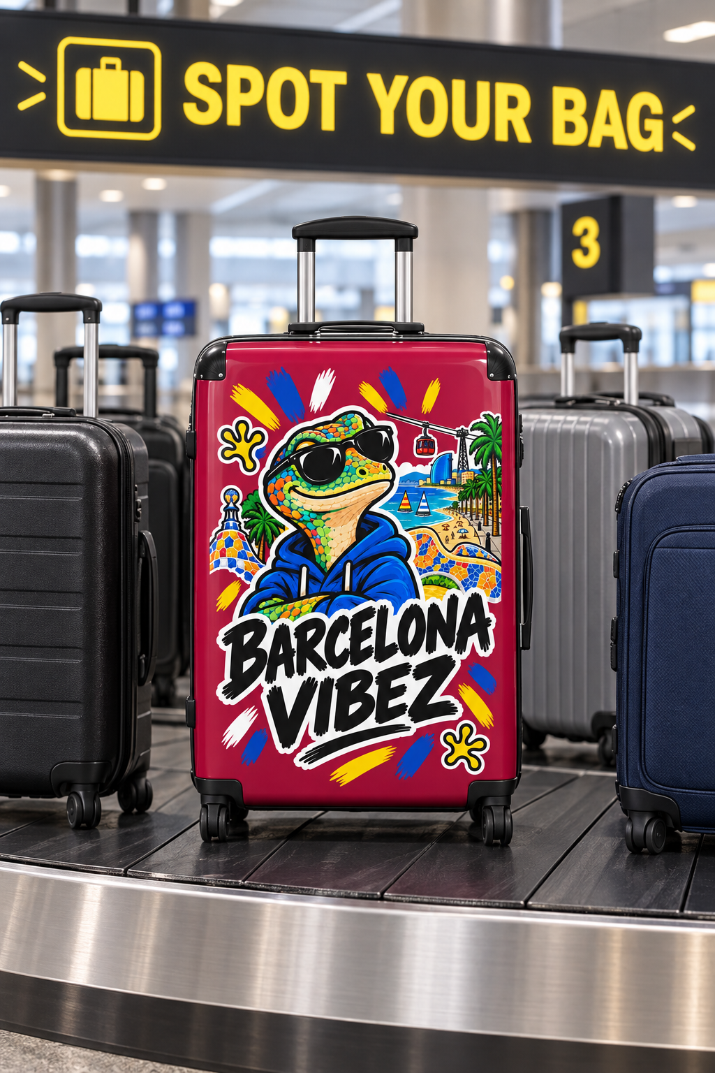 Barcelona Vibez Suitcase | Colorful Travel Lizard Graphic, Beach Landmarks