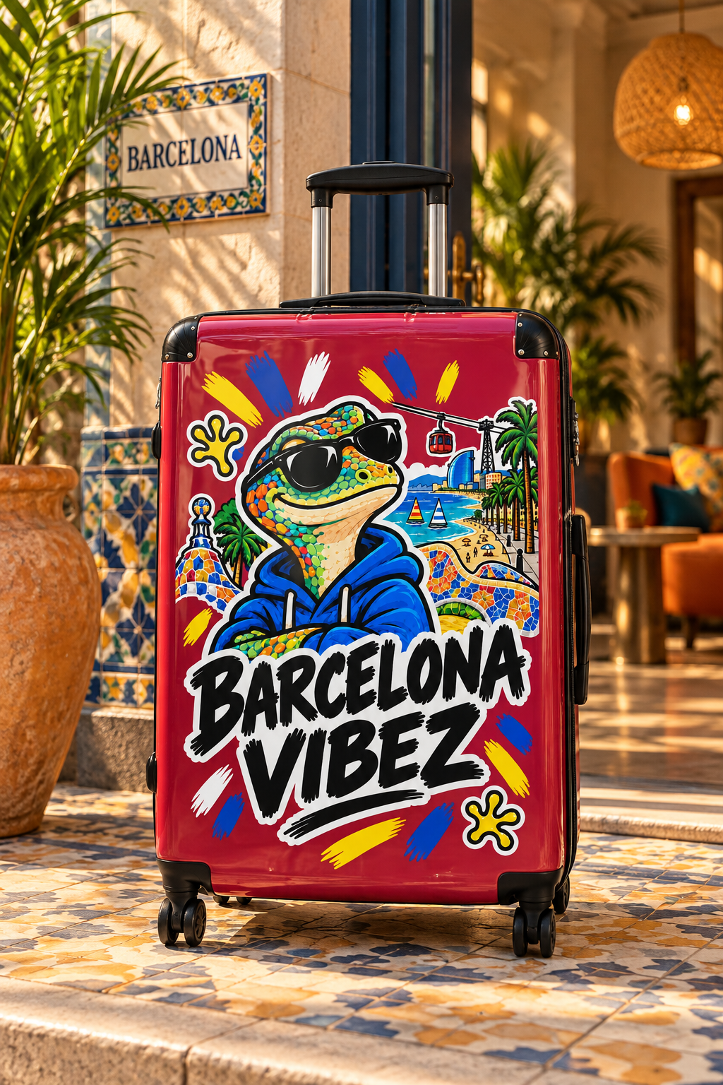 Barcelona Vibez Suitcase | Colorful Travel Lizard Graphic, Beach Landmarks