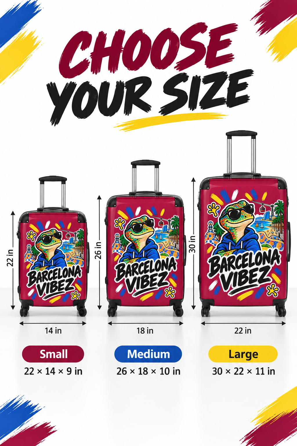 Barcelona Vibez Suitcase | Colorful Travel Lizard Graphic, Beach Landmarks