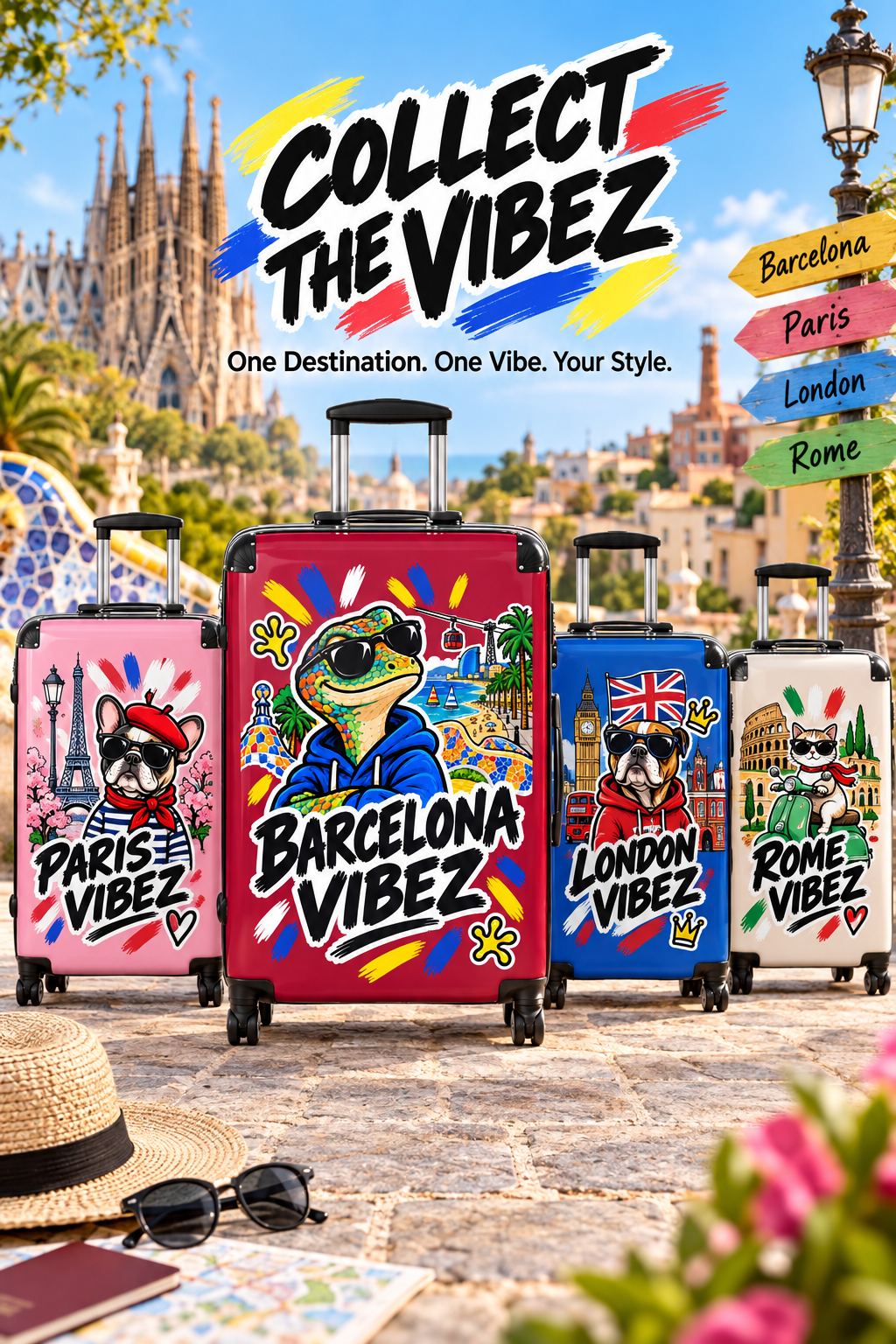 Barcelona Vibez Suitcase | Colorful Travel Lizard Graphic, Beach Landmarks