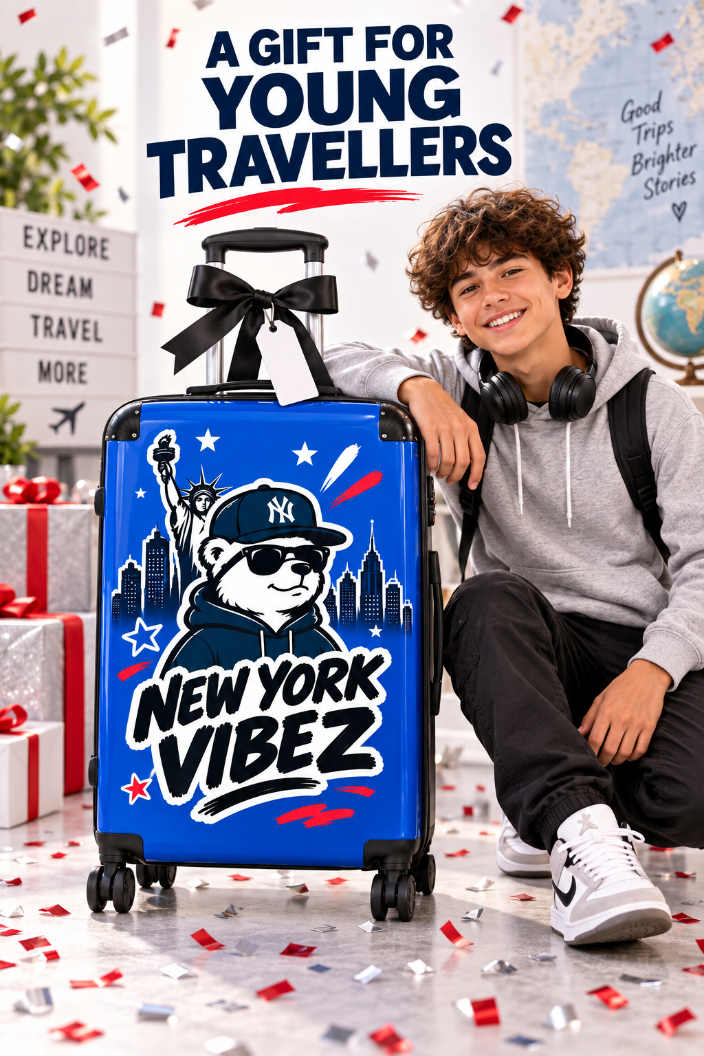 New York Vibez Suitcase | NYC Bear Skyline Luggage