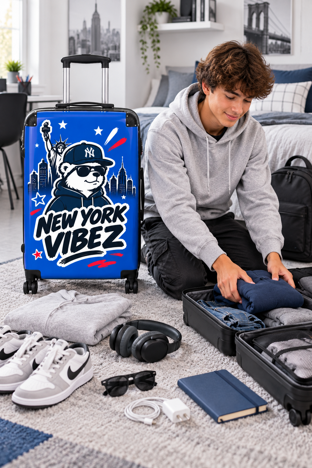 New York Vibez Suitcase | NYC Bear Skyline Luggage