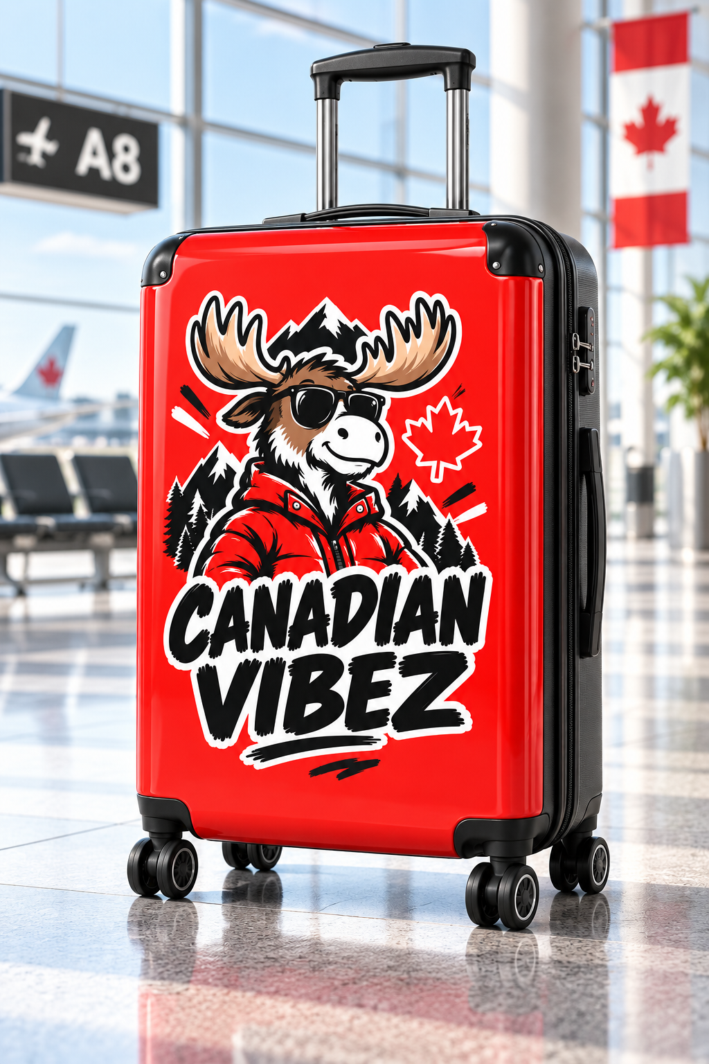 Canadian Vibez Moose Suitcase | Red Travel Luggage, Maple Leaf Design