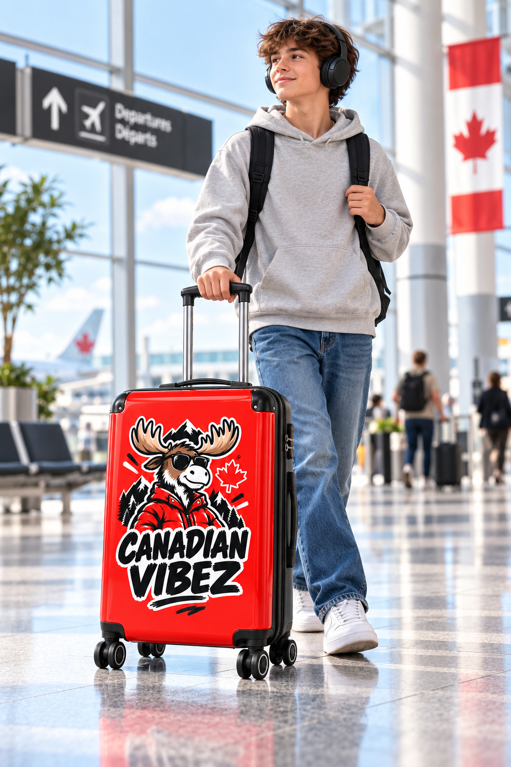 Canadian Vibez Moose Suitcase | Red Travel Luggage, Maple Leaf Design