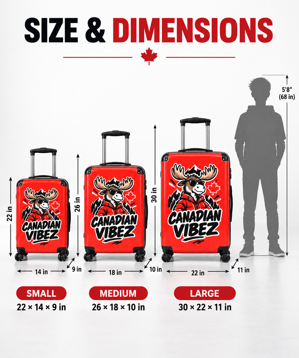Canadian Vibez Moose Suitcase | Red Travel Luggage, Maple Leaf Design