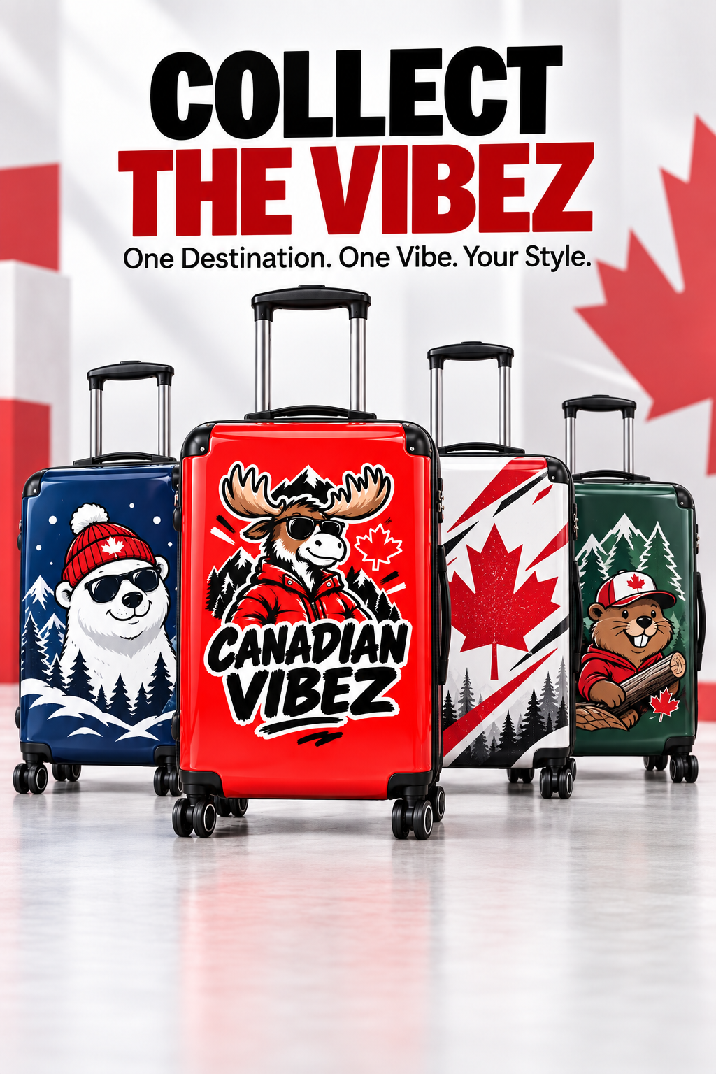 Canadian Vibez Moose Suitcase | Red Travel Luggage, Maple Leaf Design