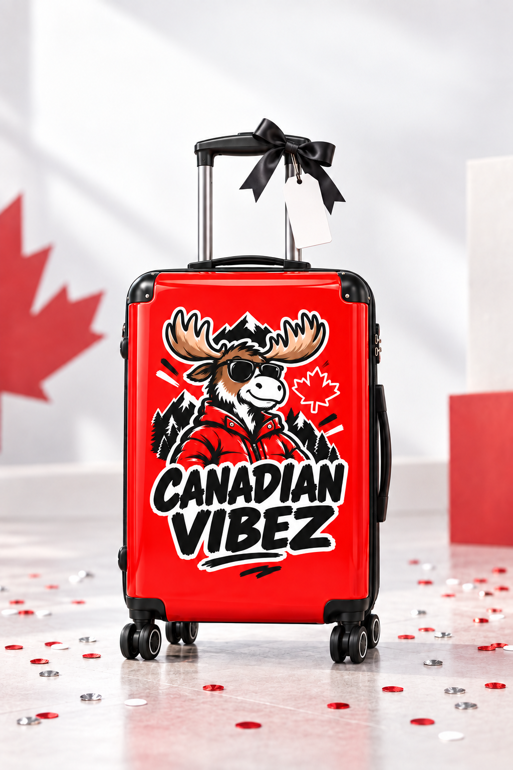 Canadian Vibez Moose Suitcase | Red Travel Luggage, Maple Leaf Design
